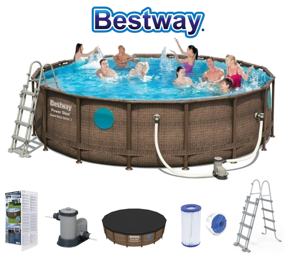 BESTWAY 56725 Power Pool Swimmingpool 488x122cm Rattan Optik komplett Set