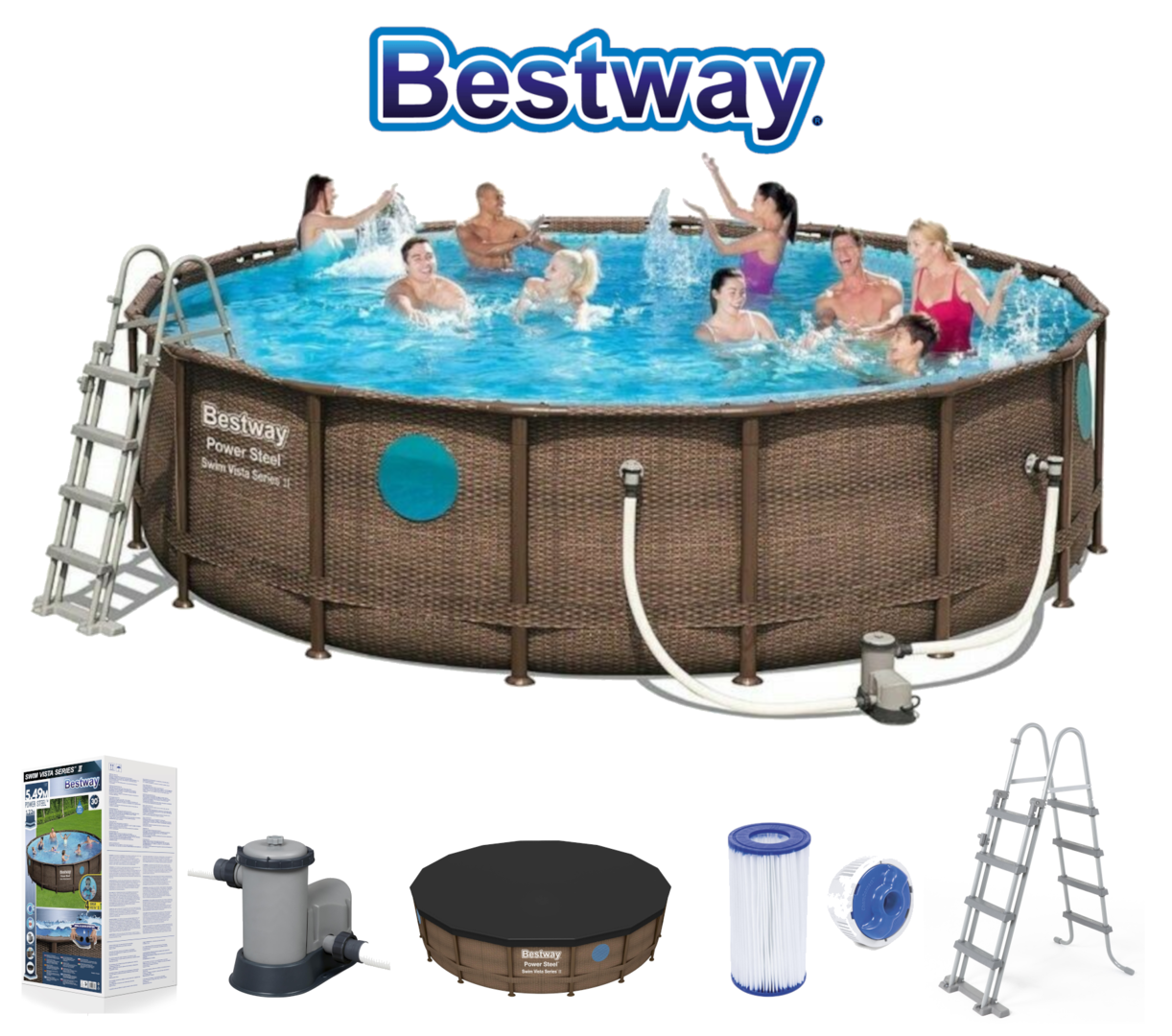 BESTWAY 56977 Power Pool x m Set Swimmingpool Optik - komplett Rattan Ihr 1,22 KrafTWelle-Shop 5,49m